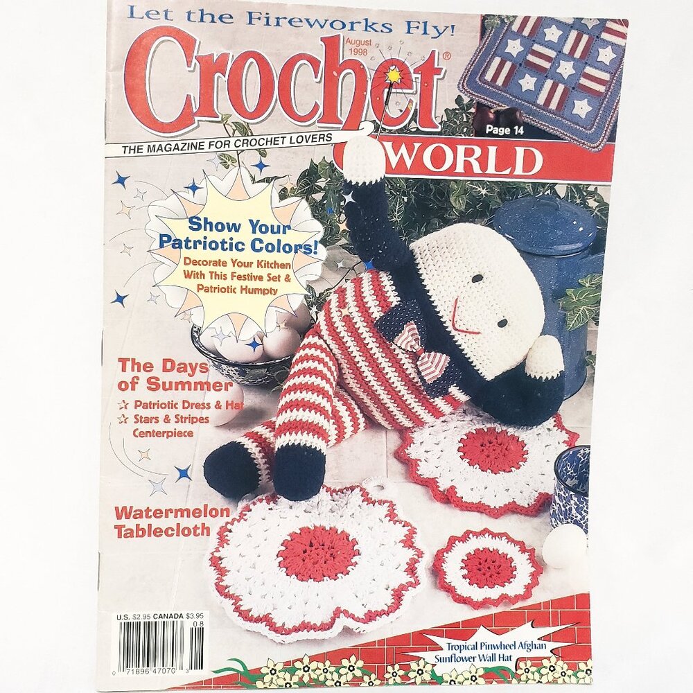 Crochet World Magazine Aug 1998 Watermelon Tablecloth Patriotic Baby Doll Doily